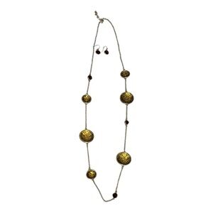 Long Gold-Toned Necklace with Big/Medium/Small Oval Shaped Disc and Earring Set